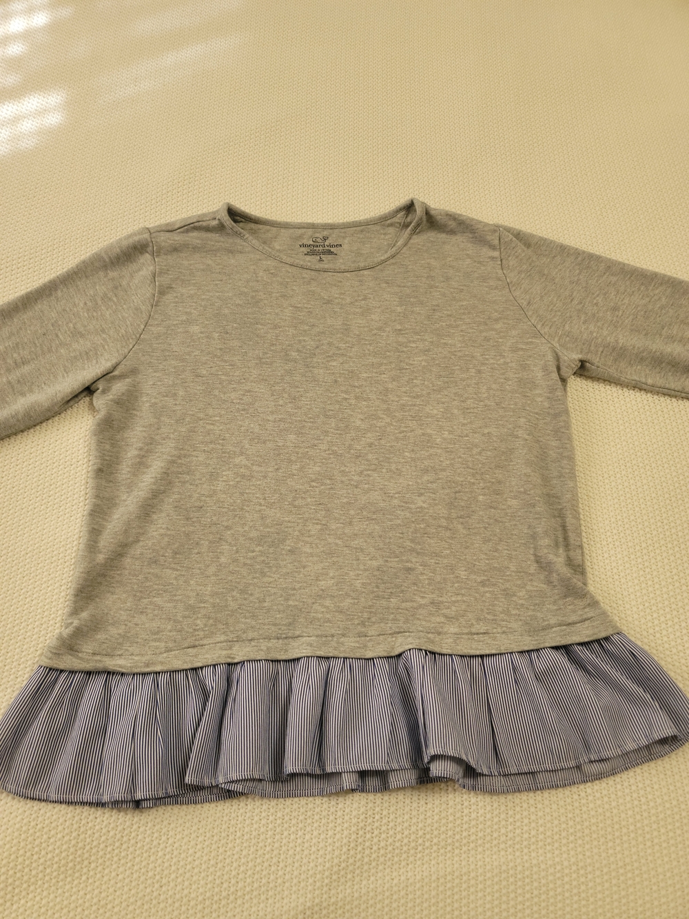 Vineyard Vines Gray Long-Sleeve Top with Blue Striped Ruffle